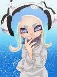  1girl blue_hair blue_skin closed_mouth colored_skin gradient gradient_background gradient_skin grey_sweater hand_up headphones isamu-ki_(yuuki) light_blue_hair long_hair long_sleeves looking_at_viewer multicolored_skin octoling octoling_girl smile solo splatoon_(series) suction_cups sweater tentacle_hair two-tone_skin violet_eyes 