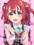  1girl absurdres arrow_hair_ornament bangs birthday blush clenched_hands commentary confetti dated earrings english_text glowstick green_eyes happy_birthday highres jewelry kurosawa_ruby kyaku_tatsu looking_at_viewer love_live! love_live!_sunshine!! pink_background redhead shiny shiny_hair short_hair sidelocks signature smile solo two_side_up upper_body 