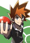  1boy absurdres black_jacket brown_hair closed_mouth commentary_request gary_oak green_background green_eyes hair_between_eyes hand_up highres holding holding_poke_ball jacket jewelry long_sleeves male_focus pendant poke_ball poke_ball_(basic) poke_ball_symbol pokemon pokemon_(anime) pokemon_journeys short_hair signature smile solo spiky_hair twitter_username two-tone_background upper_body watagashikn white_background 