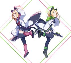  2girls bangs black_skirt black_thighhighs blonde_hair blue_archive boots bow cat_ear_headphones closed_mouth coat green_eyes hair_bow halo headphones hood hood_down long_sleeves looking_at_viewer marudeningen midori_(blue_archive) momoi_(blue_archive) multiple_girls open_clothes open_coat parted_lips pleated_skirt red_eyes shirt short_hair siblings simple_background sisters skirt thigh-highs twins v white_shirt 