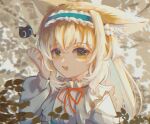  1girl animal_ear_fluff animal_ears arknights auhnas blonde_hair blue_hairband blush detached_sleeves flower fox_ears frilled_hairband frills green_eyes hair_down hairband hand_up highres long_hair long_sleeves luoxiaohei multicolored_hair neck_ribbon official_alternate_costume open_mouth red_ribbon ribbon shirt solo streaked_hair suzuran_(arknights) suzuran_(spring_praise)_(arknights) teeth the_legend_of_luo_xiaohei upper_body upper_teeth white_flower white_hair white_shirt 