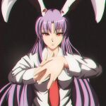  1girl animal_ears bangs black_background dark_background expressionless extra_eyes foreshortening highres long_hair necktie perspective purple_hair rabbit_ears red_eyes red_necktie reisen_udongein_inaba simple_background solo step_arts touhou upper_body wing_collar 