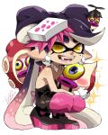  1girl :d animal_ears ankle_boots bare_shoulders black_footwear black_jumpsuit blush boots breasts callie_(splatoon) cross-shaped_pupils detached_collar fangs food food_on_head full_body gloves gradient_hair highres isamu-ki_(yuuki) jumpsuit long_hair mole mole_under_eye multicolored_hair no_bra object_on_head octoball octocopter octotrooper open_mouth pantyhose pink_hair pink_pantyhose pointy_ears propeller purple_hair short_jumpsuit sideboob simple_background smile solo sparkle splatoon_(series) splatoon_1 squatting teeth tentacle_hair two-tone_hair very_long_hair white_background white_gloves yellow_eyes 