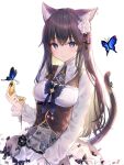  1girl animal_ear_fluff animal_ears bangs black_bow blue_bow blue_butterfly blush bow breasts brown_hair bug butterfly butterfly_on_hand cat_ears cat_girl cat_tail closed_mouth crossed_bangs flower frills hair_between_eyes hair_flower hair_ornament highres holding holding_pocket_watch lace-trimmed_skirt lace_trim long_hair long_sleeves looking_at_viewer medium_breasts original pocket_watch pudding_cream shirt sidelocks simple_background skirt smile solo tail tail_ornament tail_raised very_long_hair violet_eyes watch white_background white_flower white_shirt 