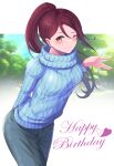  1girl absurdres arm_behind_back blue_sweater closed_mouth commentary_request denim hair_ornament hairclip hand_up happy_birthday highres jeans kiraboshi_(kiraboshi-1025) long_hair love_live! love_live!_sunshine!! one_eye_closed pants ponytail redhead sakurauchi_riko smile solo sweater turtleneck turtleneck_sweater yellow_eyes 