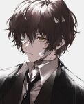  1boy :| bandage_on_face bandage_over_one_eye bandages bangs black_necktie black_suit brown_eyes brown_hair bungou_stray_dogs closed_mouth collared_shirt dazai_osamu_(bungou_stray_dogs) expressionless formal grey_background looking_ahead male_focus necktie nozz177 one_eye_covered portrait rain shirt short_hair simple_background solo suit water_drop white_shirt 