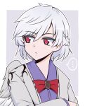  1girl closed_mouth dress feathered_wings grey_hair grey_jacket hair_between_eyes jacket kishin_sagume long_sleeves open_clothes open_jacket purple_dress red_eyes shio_(futatsumami) short_hair single_wing solo touhou upper_body white_wings wings 