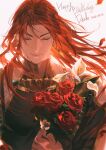  1boy bodypaint bouquet brown_eyes closed_eyes dante_(nu_carnival) dark-skinned_male dark_skin earrings everydaysleep flower highres holding holding_bouquet jewelry long_hair male_focus nu_carnival red_flower red_rose redhead rose short_hair solo upper_body 