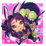  &gt;_&lt; 1boy 1girl ahoge animal_ears apex_legends black_footwear black_hair black_headwear black_thighhighs boots braid brown_eyes carrying chano_(22chano_death) chibi commission dark-skinned_female dark_skin english_commentary glasses goggles hair_bun heart heart_hair hetero highres indie_virtual_youtuber mask mouth_mask octane_(apex_legends) princess_carry rabbit_ears rabbit_girl round_eyewear second-party_source sharp_teeth shorts single_side_bun skeb_commission striped striped_shorts teeth thigh-highs titi_(vtuber) twin_braids virtual_youtuber 