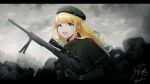  1girl barrett_mrad black_headwear blonde_hair blue_eyes cape commission gradient_hair hat highres looking_at_viewer multicolored_hair non-web_source open_mouth skeb_commission solo virtual_youtuber weapon zeta_(vtuber) 