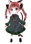  1girl :3 absurdres animal_ears bangs blunt_bangs braid cat_ears dress full_body green_dress highres kaenbyou_rin looking_at_viewer multiple_tails natsume_suzuri nekomata red_eyes redhead simple_background solo standing tail touhou twin_braids white_background 