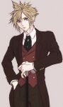  1boy black_jacket black_pants blonde_hair blue_eyes cane cloud_strife collared_shirt cowboy_shot earrings final_fantasy final_fantasy_vii final_fantasy_vii_remake formal gloves grey_background hair_between_eyes hand_in_pocket highres jacket jewelry long_jacket looking_at_viewer male_focus pants shirt short_hair single_earring solo spiky_hair ssg_ff suit_jacket waistcoat white_gloves white_shirt 