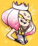  1girl :d black_gloves character_name cropped_torso cross-shaped_pupils fingerless_gloves gloves highres isamu-ki_(yuuki) long_hair mole mole_under_mouth open_mouth pearl_(splatoon) pink_hair silhouette sleeveless smile solo speech_bubble splatoon_(series) splatoon_2 suction_cups teeth tentacle_hair yellow_background yellow_eyes zipper zipper_pull_tab 