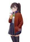  1girl absurdres bangs blue_skirt blunt_bangs brown_hair bubble_tea carlo_montie collared_shirt cup drink drinking drinking_straw drinking_straw_in_mouth green_eyes hand_in_pocket highres holding holding_cup holding_drink jacket looking_at_viewer medium_hair original pleated_skirt ponytail red_jacket school_uniform shirt shirt_tucked_in simple_background skirt solo uniform white_background white_shirt 