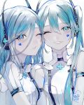  2girls blue_hair commentary_request dress hair_between_eyes hatsune_miku headphones heart highres hinomori_shizuku long_hair mole mole_under_mouth multiple_girls one_eye_closed parted_lips project_sekai short_sleeves simple_background smile teeth towor_n twintails upper_body vocaloid white_background white_dress 