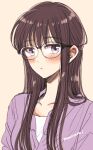  1girl bangs black-framed_eyewear blush brown_hair buttons closed_mouth collarbone commentary_request glasses grey_background himawari-san himawari-san_(character) long_hair looking_at_viewer purple_shirt shirt signature simple_background sketch solo sugano_manami upper_body violet_eyes white_shirt 