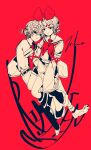  1boy 1girl 3kuma black_eyes bow character_name commentary detached_sleeves expressionless full_body hair_bow heads_together high_contrast highres kagamine_len kagamine_rin looking_at_viewer monochrome neckerchief necktie paw_print red_background red_bow red_neckerchief red_theme sailor_collar short_hair short_ponytail shorts vocaloid 