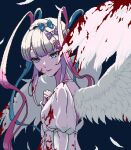  1girl angel_wings blood blood_in_hair blood_on_clothes blood_on_face bloody_wings blue_eyes blue_hair bow chouzetsusaikawa_tenshi-chan dress eencya expressionless feathered_wings feathers gradient_hair hair_bow long_hair multicolored_hair multiple_hair_bows needy_girl_overdose pink_hair pixel_art quad_tails sidelocks simple_background solo upper_body very_long_hair white_dress white_hair wings 