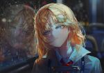  1girl blonde_hair blue_eyes closed_mouth coat collared_shirt hair_ornament hololive hololive_english messy_hair necktie quasarcake red_necktie reflection shirt sitting solo water_drop watson_amelia window 