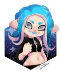  1girl :d agent_8_(splatoon) arm_at_side blue_hair blue_tongue clenched_hand colored_tongue crop_top groin hand_up isamu-ki_(yuuki) light_blue_hair long_hair navel octarian octoling octoling_girl open_mouth single_bare_shoulder single_sleeve smile solo splatoon_(series) splatoon_2 splatoon_2:_octo_expansion squidbeak_splatoon suction_cups teeth tentacle_hair white_eyes zipper_pull_tab 