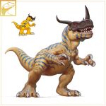 absurdres digimon digimon_(creature) dinosaur fredward95 full_body greymon highres horns multiple_views no_humans realistic red_eyes saliva sharp_teeth simple_background standing teeth white_background