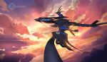 1other choco_(chocolate_shop) clouds cloudy_sky dragon fairy_knight_lancelot_(fate) fate/grand_order fate_(series) flying glowing no_humans sky sunlight sunset wings yellow_eyes 