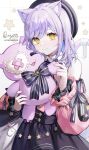  1girl absurdres animal_ears artist_name bangs bizet closed_mouth commission copyright_request hat highres holding holding_stuffed_toy long_hair looking_at_viewer purple_hair smile solo stuffed_toy tail upper_body yellow_eyes 
