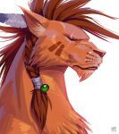  1boy animal artist_name beads braid facial_mark facing_to_the_side feather_hair_ornament feathers final_fantasy final_fantasy_vii final_fantasy_vii_remake hair_beads hair_ornament highres leandro_franci materia no_humans one_eye_closed orange_fur portrait red_xiii redhead scar scar_across_eye solo upper_body white_background 