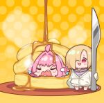  2girls ahoge bangs blonde_hair blue_hair blush_stickers butter cardigan closed_eyes commentary crying earrings fang food grey_sailor_collar hair_over_one_eye holding holding_knife idolmaster idolmaster_cinderella_girls jewelry knife multicolored_hair multiple_girls open_mouth orange_background oversized_food oversized_object pancake pancake_stack pill_earrings pink_hair polka_dot polka_dot_background purple_shirt sailor_collar shirasaka_koume shirt short_hair steam symbol-only_commentary syrup takato_kurosuke two-tone_hair very_long_sleeves white_cardigan yumemi_riamu 