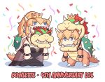  1girl anniversary armlet ayyk92 blonde_hair blue_eyes bowser bowser_(cosplay) bowsette bowsette_(cosplay) bracelet chibi cosplay crown dress dual_persona full_body horns jewelry leaning_forward looking_at_viewer new_super_mario_bros._u_deluxe sharp_teeth spiked_armlet spiked_bracelet spiked_shell spiked_tail spikes standing strapless strapless_dress super_crown super_mario_bros. tail teeth turtle_shell v-shaped_eyebrows 