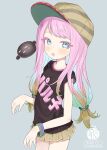  1girl :&lt; artist_name black_shirt blue_background blue_eyes blush brown_hair brown_headwear brown_skirt capriccio clothes_writing commentary_request diagonal_stripes drooling green_hair harmony_(splatoon) long_hair looking_at_viewer mouth_drool multicolored_hair open_mouth pink_hair pleated_skirt shirt short_sleeves signature simple_background skirt solo splatoon_(series) splatoon_3 striped striped_headwear triangle_mouth two-tone_hair very_long_hair 