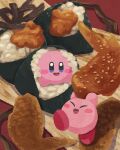  2others :d chicken_(food) chicken_wing closed_eyes food food_focus highres holding holding_food kirby kirby_(series) meat miclot multiple_others no_humans onigiri open_mouth red_background rice smile 