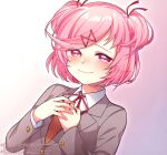  1girl bangs blush commentary doki_doki_literature_club gradient gradient_background grey_jacket hair_ornament hairclip hands_on_own_chest happy_tears highres jacket long_sleeves looking_at_viewer nan_(gokurou) natsuki_(doki_doki_literature_club) neck_ribbon pink_background pink_eyes pink_hair protected_link red_ribbon ribbon school_uniform shirt short_hair simple_background smile solo swept_bangs tears two_side_up upper_body watermark white_hair white_shirt wing_collar 