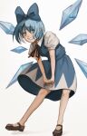  1girl blue_dress blue_eyes blue_hair cirno dress full_body grin highres ice ice_wings lu_zhu_yu own_hands_together puffy_short_sleeves puffy_sleeves shadow shoes short_hair short_sleeves simple_background smile solo_focus touhou v_arms white_background wings 