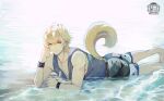  1115124562 1boy animal_ears arknights beach blonde_hair blue_eyes blue_shirt dog_boy dog_ears dog_tags dog_tail eyewear_on_head full_body highres looking_at_viewer male_focus muscular muscular_male shirt smile sunglasses swimsuit tail tequila_(arknights) wet wet_clothes 