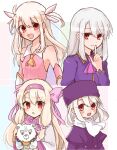  4girls :d :o ainu_clothes ascot bangs bare_shoulders blonde_hair blush bow coat collared_shirt commentary_request detached_sleeves dot_nose elbow_gloves fate/grand_order fate/kaleid_liner_prisma_illya fate/stay_night fate_(series) finger_to_mouth gloves hair_between_eyes hair_ornament hairband hat highres holding illyasviel_von_einzbern long_sleeves looking_at_viewer magical_girl multiple_girls multiple_persona papakha pink_ascot pink_bow pink_hairband pink_scarf pink_shirt purple_coat purple_shirt saihara scarf shirou_(bear)_(fate) shirt sidelocks simple_background sitonai_(fate) smile smug stuffed_animal stuffed_toy teddy_bear upper_body white_hair white_scarf yellow_ascot 