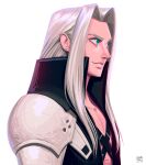  1boy aqua_eyes armor artist_name bangs black_jacket chest_strap final_fantasy final_fantasy_vii final_fantasy_vii_remake grey_hair high_collar highres jacket leandro_franci long_bangs long_hair looking_to_the_side male_focus open_collar parted_bangs portrait sephiroth shoulder_armor smirk solo straight_hair upper_body white_background 