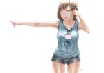  1girl arm_up backlighting bangs breasts brown_hair check_commentary collarbone commentary commentary_request din_(pixiv25800872) grey_eyes looking_to_the_side medium_breasts open_mouth original outstretched_arm pointing short_shorts short_sleeves shorts signature simple_background stained_clothes summer sweat sweaty_clothes tank_top thighs white_background 