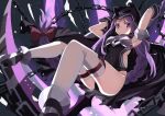  1girl absurdres armpits ass black_cape blush cape chain cloak fate/grand_order fate_(series) harpe highres holding holding_weapon hood hooded_cloak kosuda long_hair looking_at_viewer medusa_(fate) medusa_(lancer)_(fate) purple_hair solo thigh-highs very_long_hair violet_eyes weapon white_thighhighs 