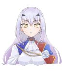  1girl bangs breasts dress eyebrows_hidden_by_hair fairy_knight_lancelot_(fate) fate/grand_order fate_(series) flower hair_between_eyes hair_ornament hairclip highres kondou_(acid) long_hair looking_at_viewer open_mouth purple_hair rose simple_background solo uniform upper_body white_background white_flower white_rose yellow_eyes 