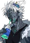  1boy azaya_(kuroi_azaya) black_shirt black_skin blue_eyes colored_sclera colored_skin cup drink drinking_straw drinking_straw_in_mouth exposed_brain exposed_muscle fur-trimmed_jacket fur_collar fur_trim glasgow_smile grey_jacket grey_sclera grey_skin hand_up heterochromia holding holding_cup holding_drink jacket looking_at_viewer male_focus mismatched_sclera original shirt short_hair simple_background solo upper_body white_background white_eyes white_hair worm zombie 