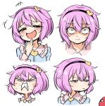  1girl bangs blush clenched_teeth closed_mouth commentary_request expressions hair_ornament headband heart heart_hair_ornament highres komeiji_satori multiple_views open_mouth pink_hair pout shaded_face short_hair simple_background smile suwa_yasai teeth third_eye touhou trembling upper_body white_background 
