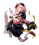  1girl animal_ears arknights bangs black_hairband black_jacket black_skirt blue_bow bow braid cat_ears cat_girl cat_tail frilled_skirt frills from_side goldenglow_(arknights) hair_between_eyes hair_bow hairband highres jacket knees_up lightning_bolt_print long_sleeves looking_at_viewer looking_to_the_side open_clothes open_jacket orange_eyes pink_footwear pink_hair print_hairband puffy_long_sleeves puffy_sleeves shoes simple_background single_braid skirt solo tail thigh-highs white_background white_thighhighs yxxrem 