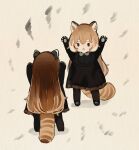  2girls :&lt; animal_ears animal_hands arms_up black_dress brown_hair chibi commentary_request dress highres imitating long_hair multiple_girls original overalls red_panda red_panda_ears red_panda_girl red_panda_tail sakutake_(ue3sayu) shoes short_eyebrows simple_background solid_eyes thick_eyebrows thigh-highs 