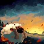  commentary_request falling_petals flower ghostpokemon94 grass highres hill no_humans petals pokemon pokemon_(creature) red_flower scenery sunset tree wooloo 
