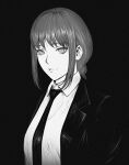  1girl bangs blazer braid braided_ponytail breasts chainsaw_man closed_mouth collared_shirt formal greyscale highres jacket large_breasts light_smile looking_at_viewer makima_(chainsaw_man) marvin_(omarvin) monochrome necktie open_clothes open_jacket ringed_eyes shirt sidelocks solo suit upper_body 