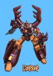  blue_background chop_shop_(transformers) clenched_hand decepticon gun highres holding holding_gun holding_weapon looking_at_viewer mecha mercy_rabbit no_humans robot science_fiction solo transformers typo weapon yellow_eyes 