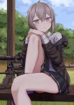  1girl absurdres ahoge bangs black_necktie black_skirt blush bolt_action brown_hoodie cheytac_m200 closed_mouth collared_shirt crossed_bangs day expressionless girls_frontline grass grey_hair gun hands_on_own_knee highres hood hood_down hoodie knee_up long_sleeves looking_at_viewer low_ponytail m200_(girls&#039;_frontline) messy_hair necktie open_clothes open_hoodie outdoors pleated_skirt rifle shirt short_hair sitting_on_bench skirt sniper_rifle solo violet_eyes weapon white_shirt yakob_labo 