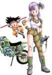  1boy 1girl asymmetrical_pants belt black_eyes black_hair breasts bulma covered_nipples dougi dragon_ball dragon_ball_(classic) gloves goggles goggles_around_neck grey_eyes ground_vehicle gun hand_on_hip highres holding holding_gun holding_weapon looking_at_viewer medium_hair monkey_tail motor_vehicle motorcycle nyoibo open_mouth purple_hair side_ponytail smile son_goku standing tail weapon youngjijii 