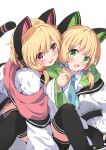  2girls absurdres animal_ear_headphones animal_ears anno_(yukikaze_08) black_shorts black_thighhighs blonde_hair blue_archive blue_necktie cat_ear_headphones cat_ears cat_tail coat fake_animal_ears fake_tail green_eyes headphones highres hug hug_from_behind midori_(blue_archive) momoi_(blue_archive) multiple_girls necktie off_shoulder open_mouth pink_eyes school_uniform shirt short_hair shorts siblings sisters smile tail thigh-highs twins white_coat white_shirt 